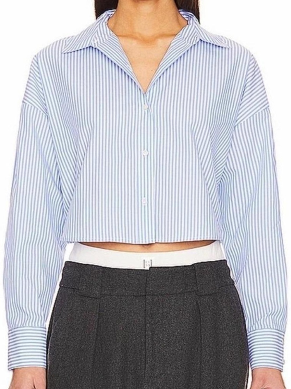 Favorite Daughter Light Blue and White Striped Cropped Ex-Boyfriend Button-Up